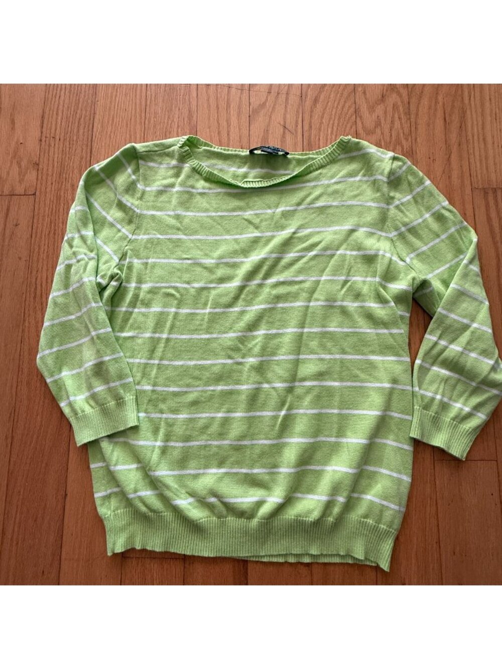 Lauren Ralph Lauren Women's Large Lime Green/White Striped 3/4 Sleeve Boat Neck
